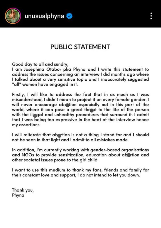 "I was misunderstood. I didn't mean to project it on every female gender" Phyna tenders apology to Nigerians over her statement about Abortion