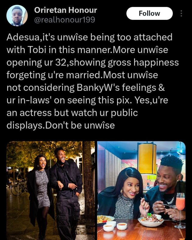 "Don't be unwise. You are married" Twitter Critic issues strong warning to Adesua Etomi over recent photos with Tobi Bakre (Detail)