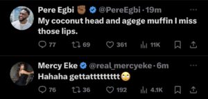 ”My coconut head, I miss those lips” Pere tells Mercy Eke as they banter on Twitter
