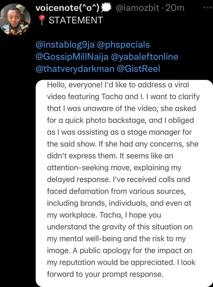 “I hope you understand the gravity of this situation on my mental health” - Man in a viral video with Tacha demands an apology