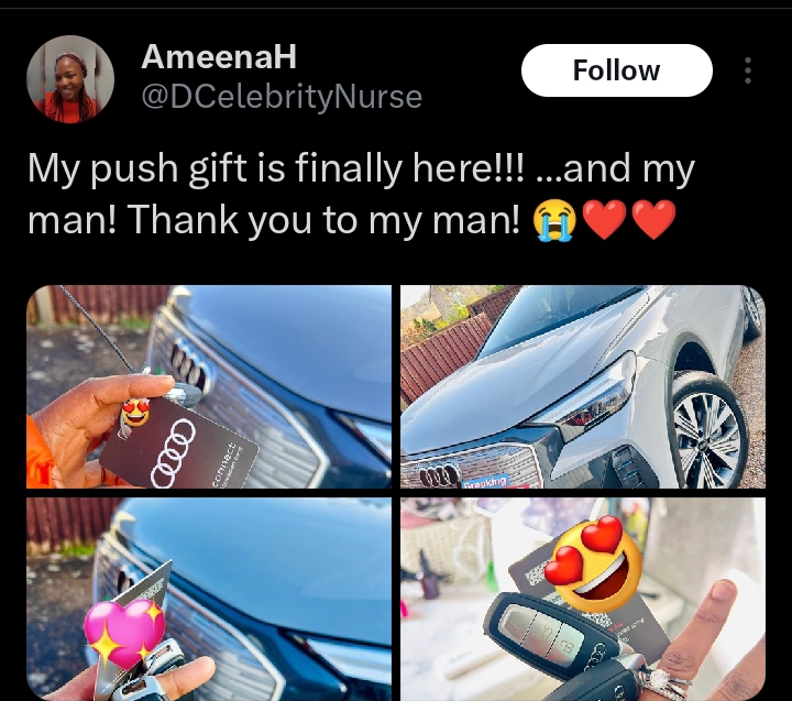 Nigerian woman overjoyed as she receives a brand new car from her husband as push gift (Photos)
