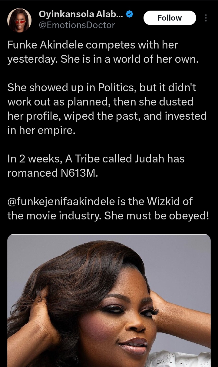 "Funke Akindele is the Wizkid of the movie industry. She must be obeyed" Nigerian Lady declares, give reasons