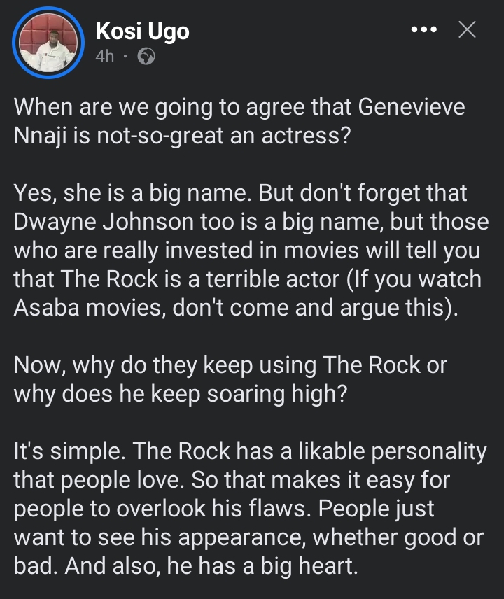 "Genevieve Nnaji is not-so-great an actress. If you're looking for a perfect actress, Rita Dominic is an example" Writer, Kosi Ugo declares (Details)