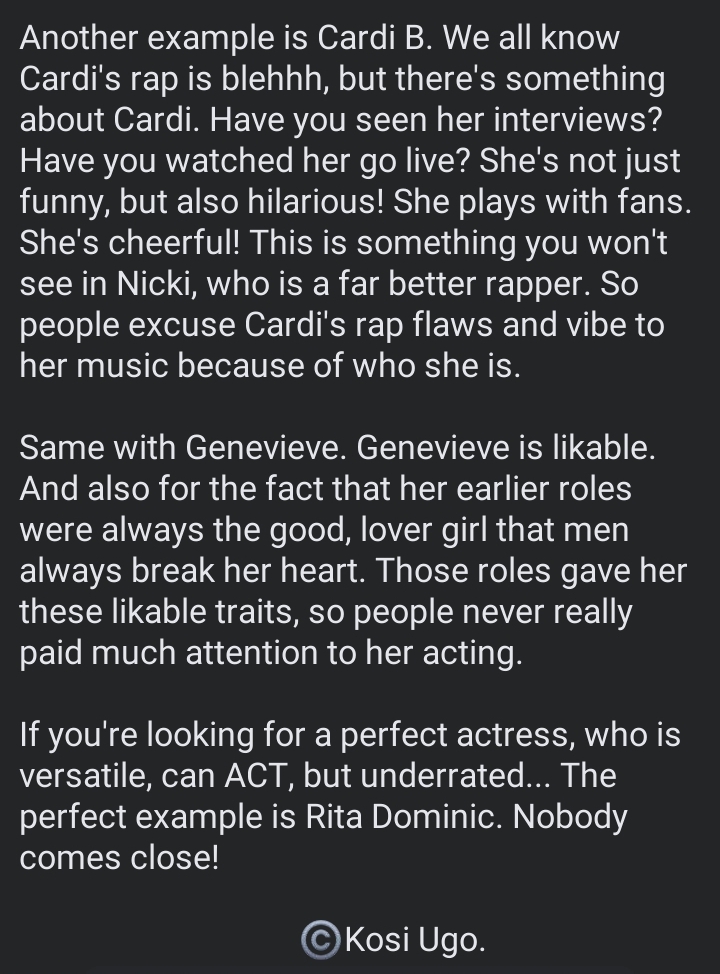 "Genevieve Nnaji is not-so-great an actress. If you're looking for a perfect actress, Rita Dominic is an example" Writer, Kosi Ugo declares (Details)