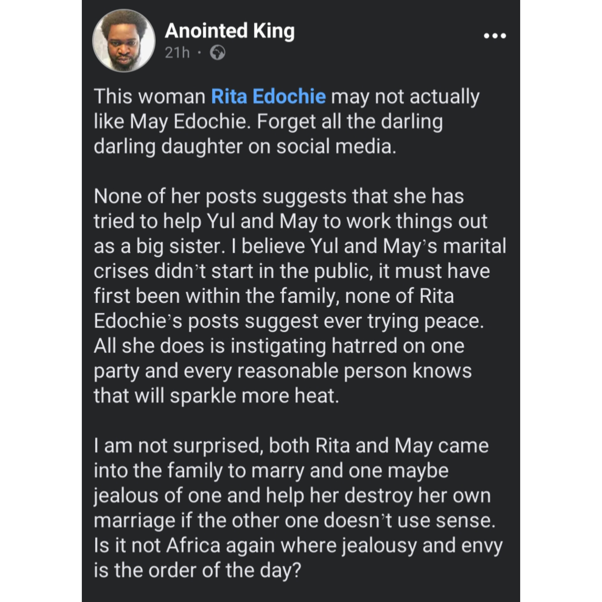 "Rita Edochie may not actually like May. She has never tried to help Yul and May to work things out" Writer, Anointed King shares his two cents