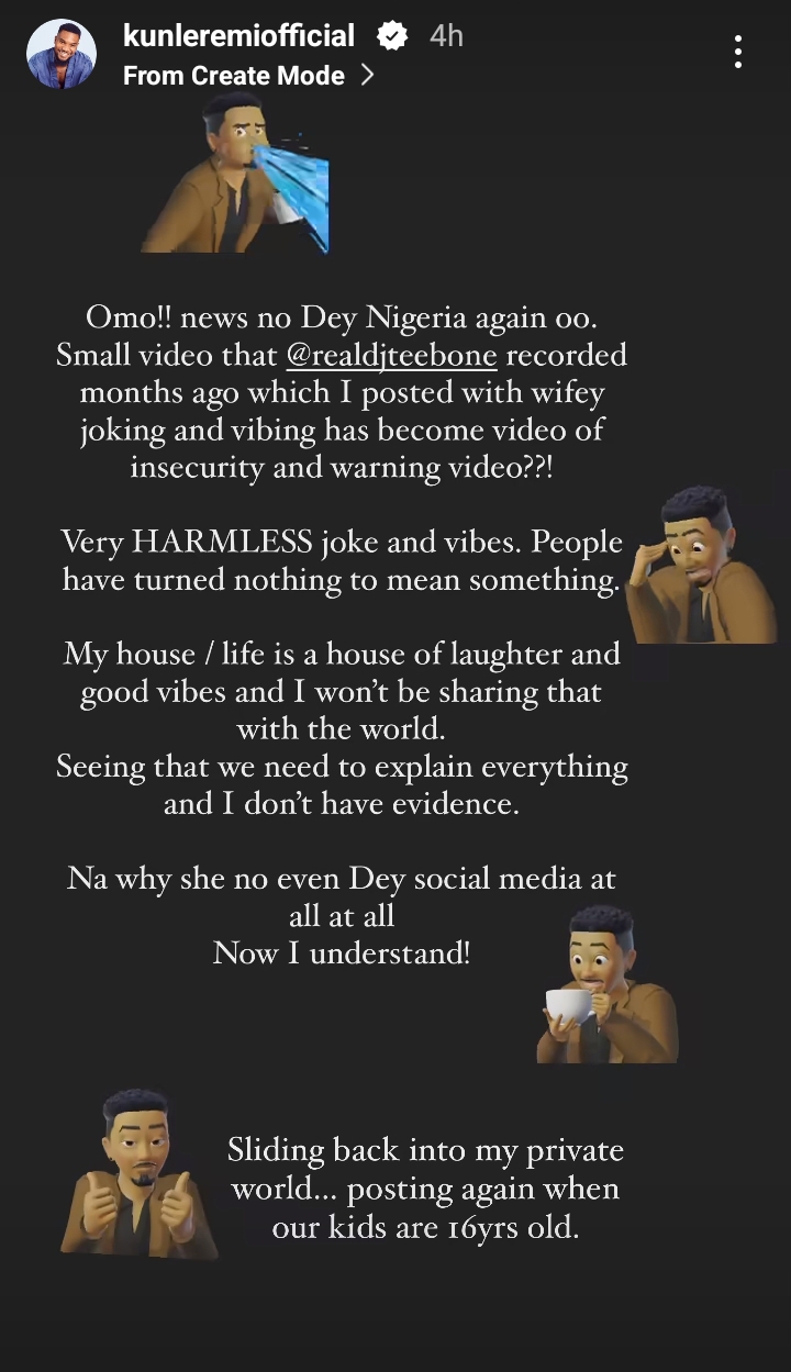 "Na why she no even Dey social media at all at all" Kunle Remi blow hot as Netizens tags his wife 'insecure" after she warned ladies to stay away from him
