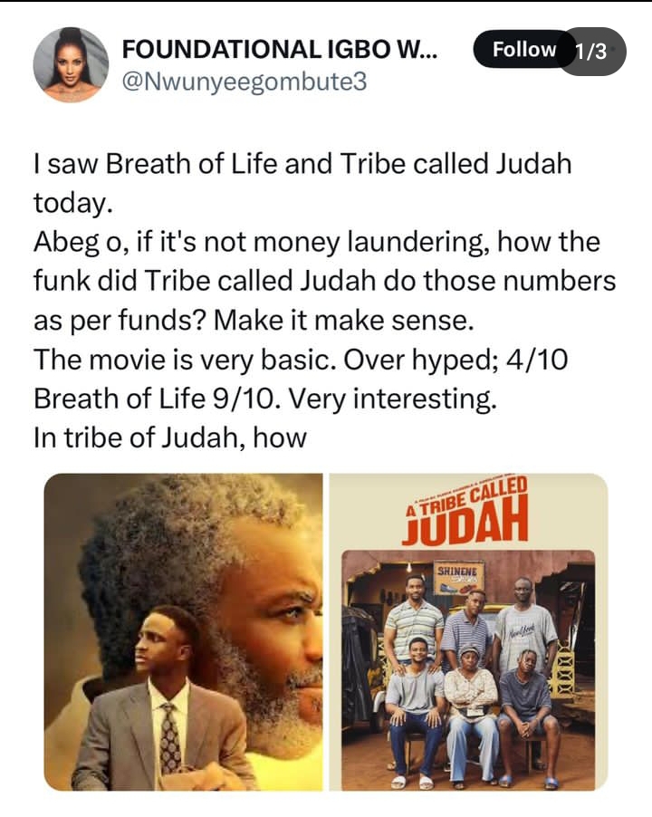 "If it's not money laundering, how did Funke Akindele's 'A tribe called Judah ' do those numbers" Lady ask, trashes the movie