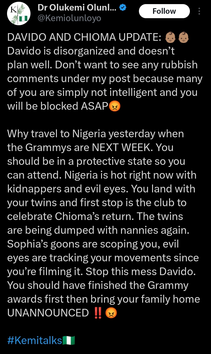 “You dumped the twins with nannies again and went to the club” – Kemi Olunloyo drags Davido and Chioma