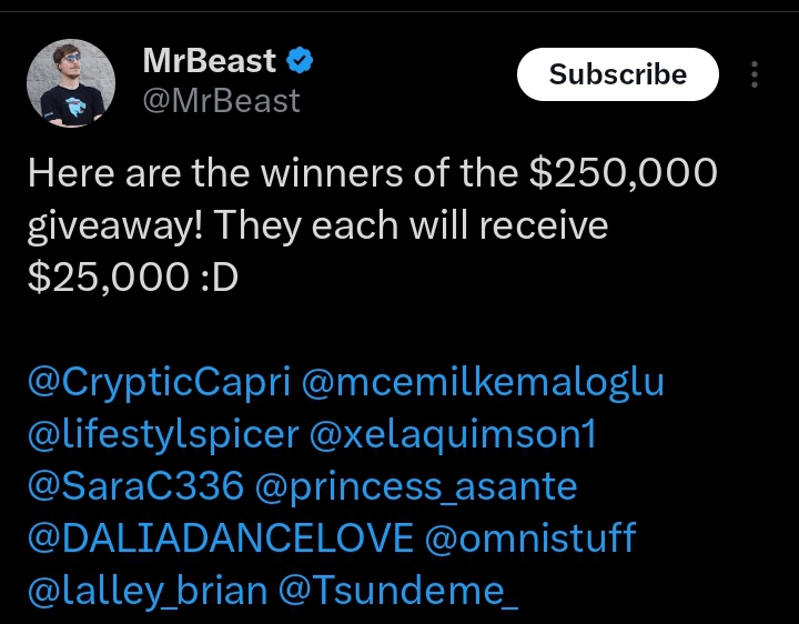 Nigerian Lady and 9 others wins a huge giveaway of $25,000 (Over N25 million) each from Mr Beast.