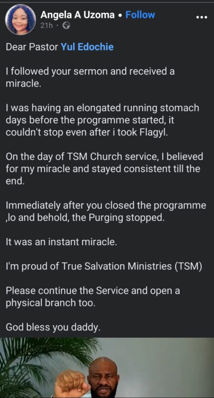 "I followed your sermon and received instant miracle“ Pastor Yul Edochie Online church member gives Testimony, encourages him to open a physical branch