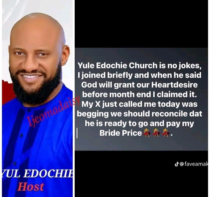 "My Ex called me, said he is ready to go and pay my Bride Price" Another member of Yul Edochie Online church share testimony