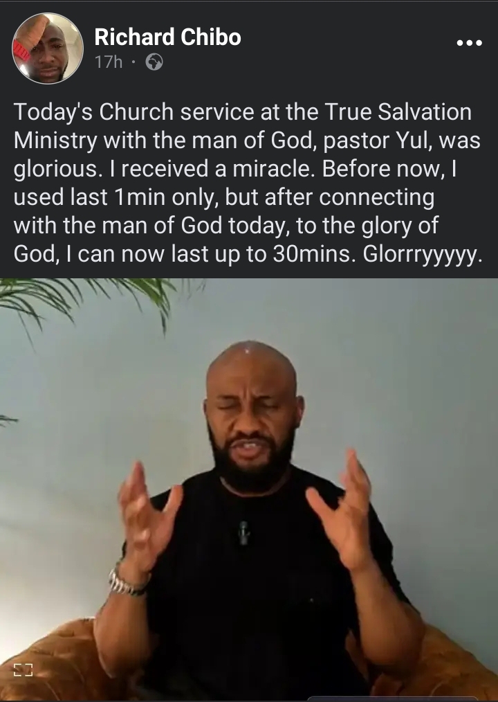 "I used to last 1min only, but after connecting with the man of God, I can now last upt to 30mins - Yul Edochie church member gives testimony