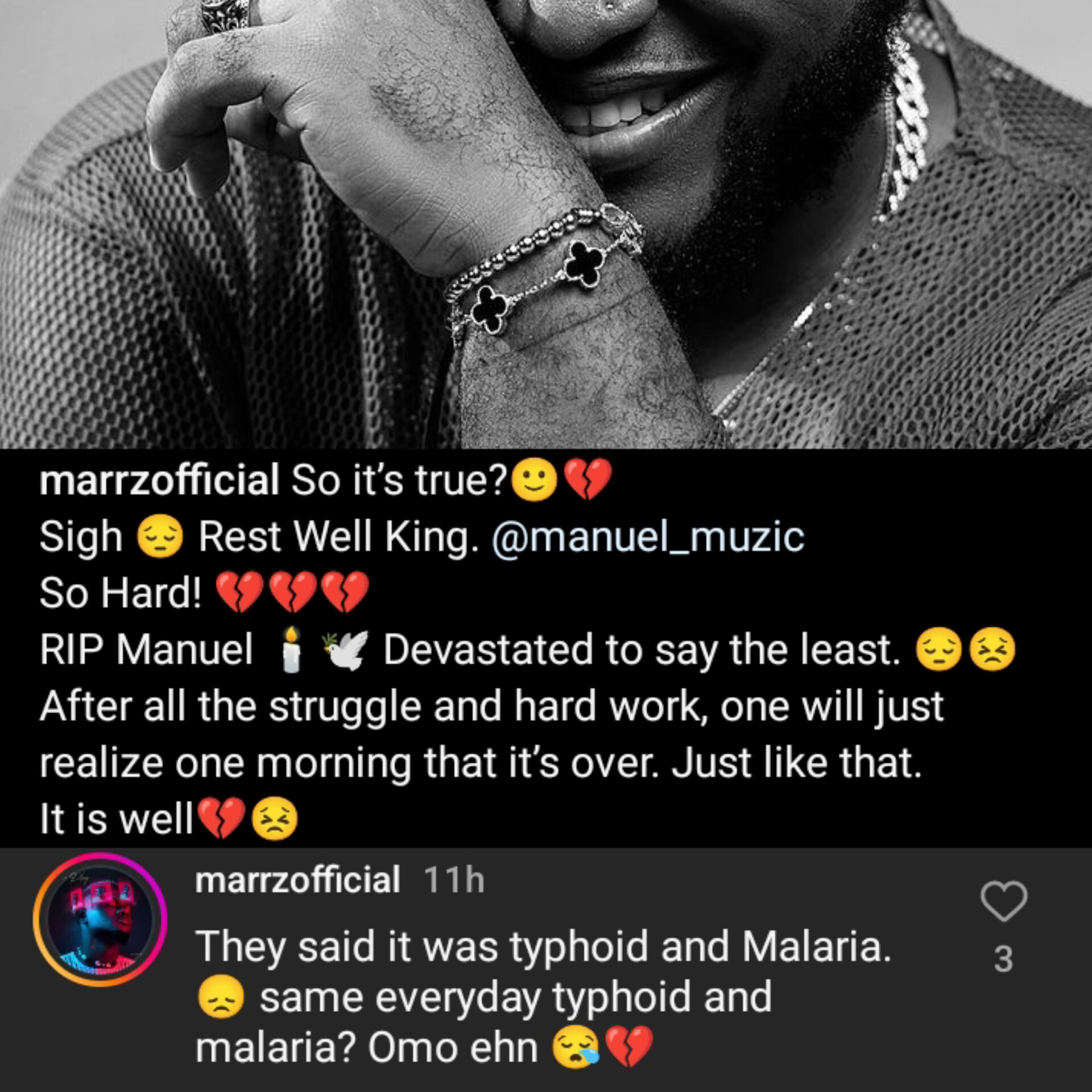 "After all the struggle and hardwork, one will just realize one morning that it's over " - Reactions As The Voice Nigeria singer, Manuel Muzic Passes Away (DETAILS)