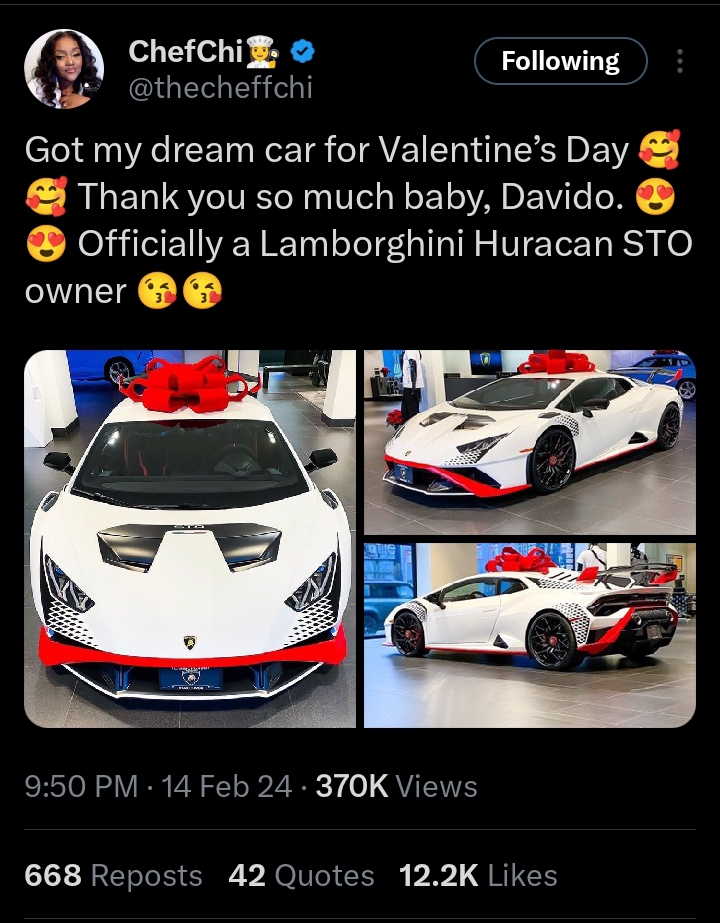 Davido surprises his wife, Chioma with her dream car on Valentine's Day (Photos)