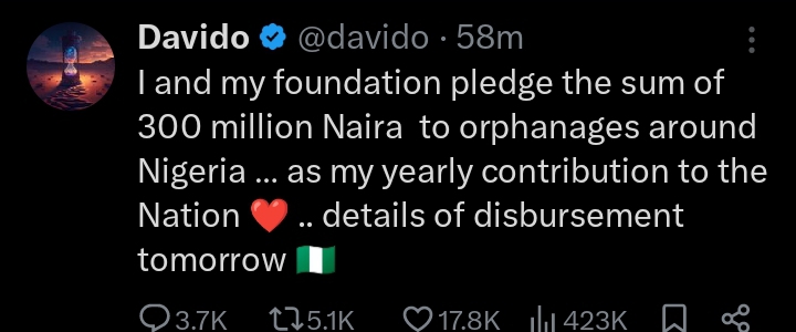 Davido set to give out N300 million  to orphanages around Nigeria (Details)