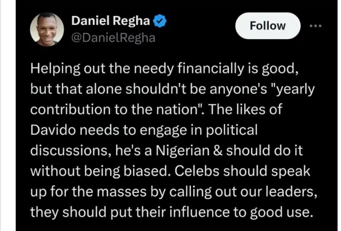 "The last ₦250 million wasn't well accounted for" - Daniel Regha criticizes Davido for his '300 million Naira' donation to orphanage homes