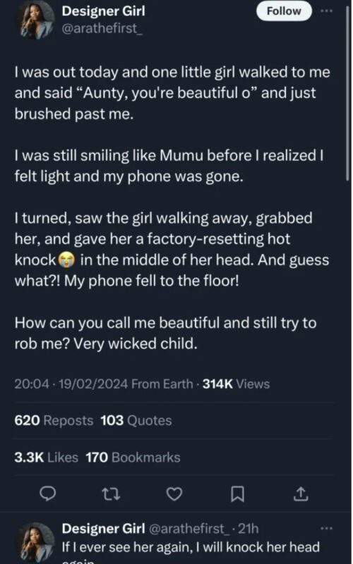 “She said aunty you’re beautiful and I was smiling before I realized my phone was gone” — Lady shares how little girl complimented her and stole her phone