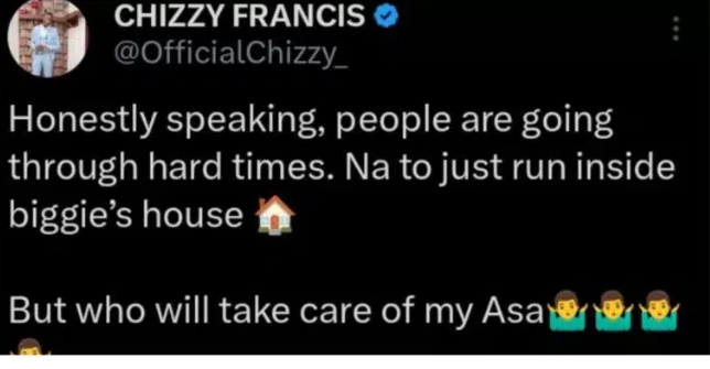 ‘I want to go back to Biggie’s house’ – BBNaija star, Chizzy laments over hardship