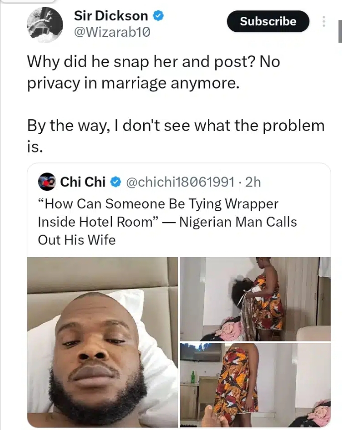 “How can someone be tying wrapper inside hotel room” – Man drags wife, netizens react