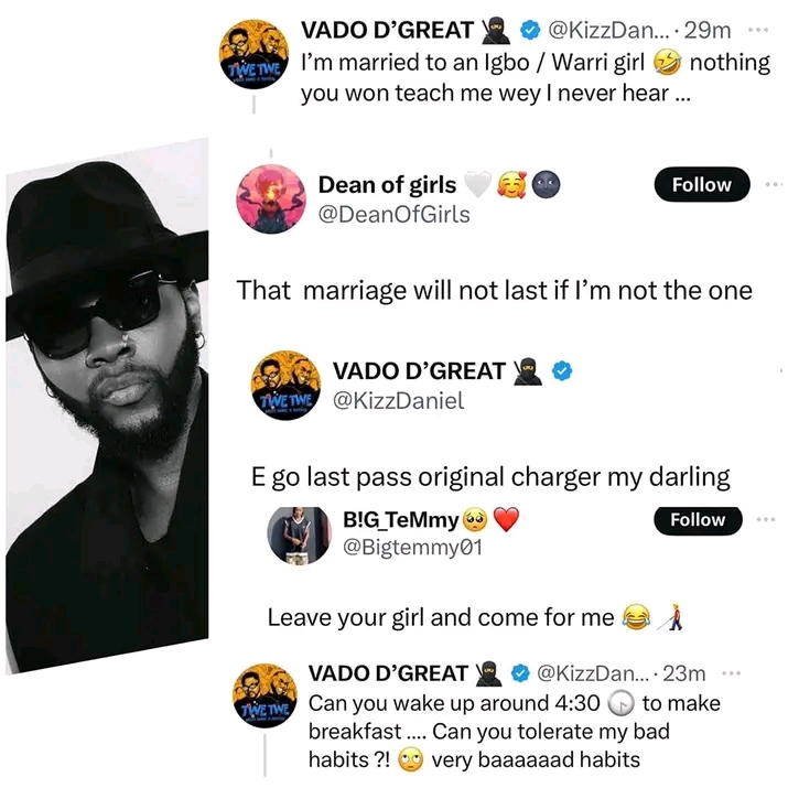 “Can you wake up around 4:30 to make breakfast?”Kizz Daniel queries female fan who told him to leave his wife