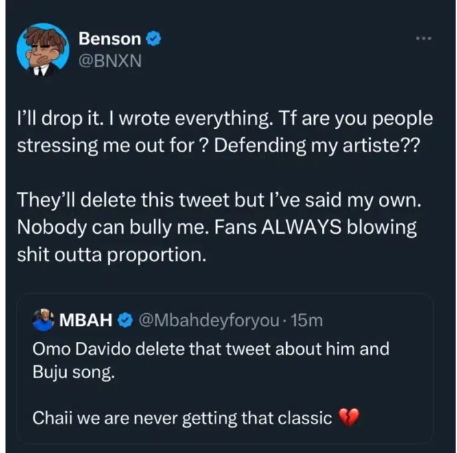“I wrote the classic and I’ll still drop it” — BNXN blows hot as Davido deletes his tweet about their unreleased song (Details)