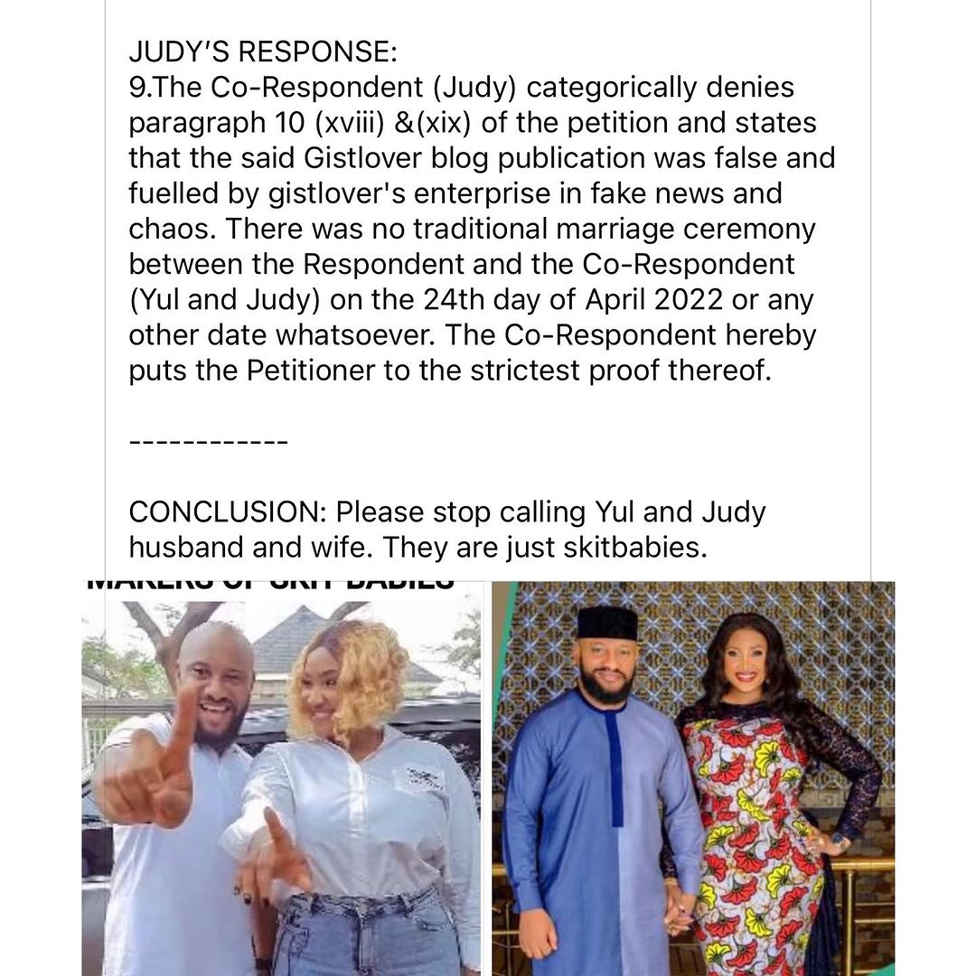 We were never married. Everything we did on social media are skits —Yul Edochie and Judy Austin tell court, May’s Lawyer speaks