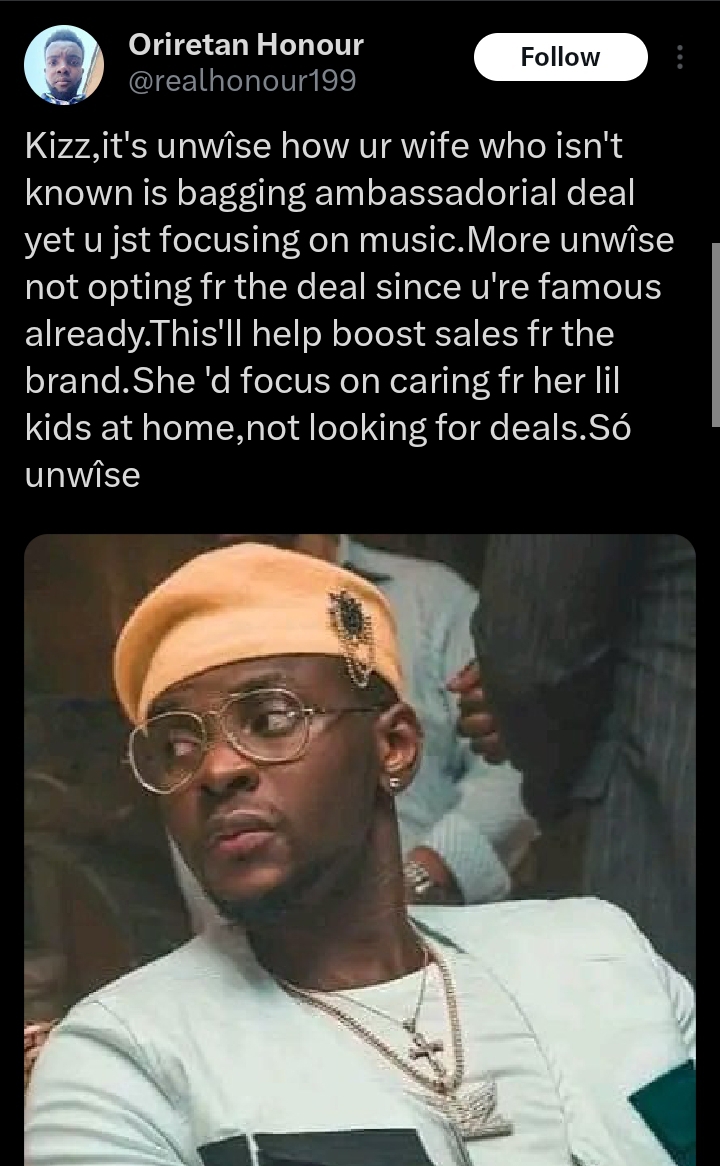 "Your wife should focus on caring for her kids at home,not looking for deals" Twitter Critic, Mr unwise calls out Kizz Daniel as wife bags new deal