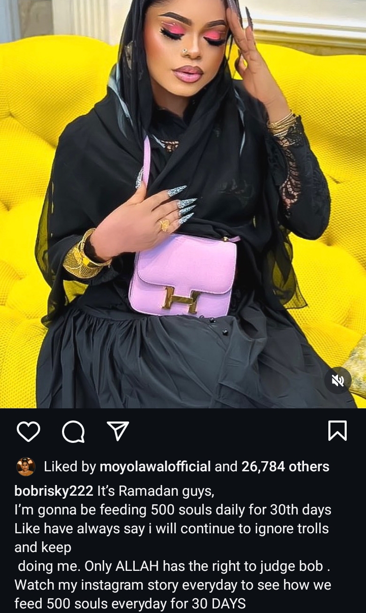 Bobrisky set to feed 500 people daily for 30 days (Details)