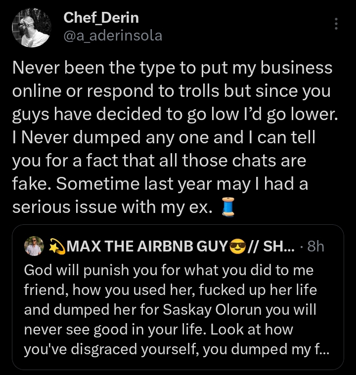 "I respect my girlfriend and her brand. I'm not cheating on her,"- Chef Derin, Boyfriend of BBNaija's Saskay speaks as alleged chat emerges (Details)
