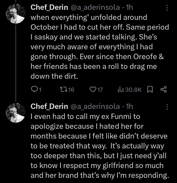 "I respect my girlfriend and her brand. I'm not cheating on her,"- Chef Derin, Boyfriend of BBNaija's Saskay speaks as alleged chat emerges (Details)