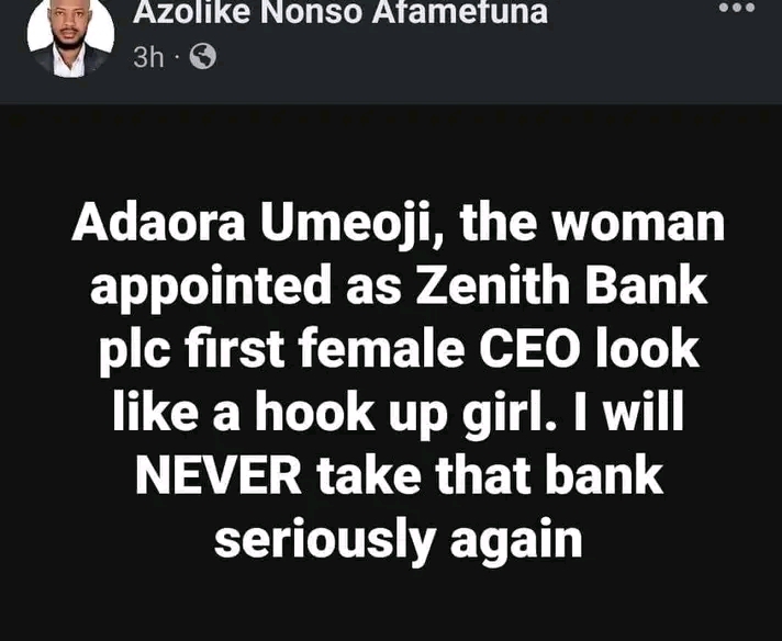 “Adaora Umeoji looks like a hookup girl” Angry Nigerian man reveals why he will never bank with Zenith bank again, Netizens reacts