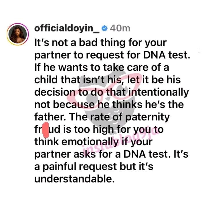 “Partners asking for DNA test painful but understandable” – BBNaija's Doyin David shares her 2 cent on paternity tests