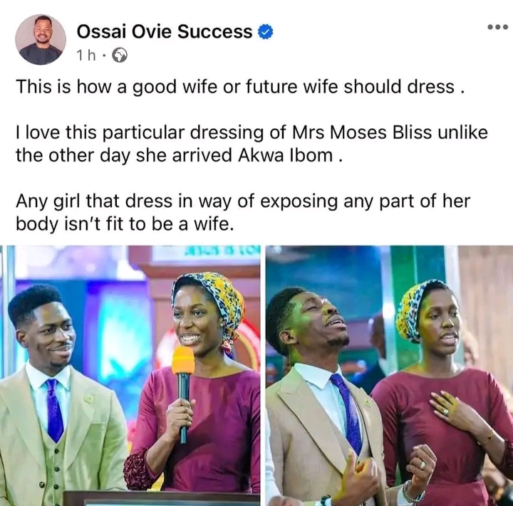 “This is how a good wife or future wife should dress" Ossai Ovie Success showers praises on Moses Bliss' wife, sends message to women 