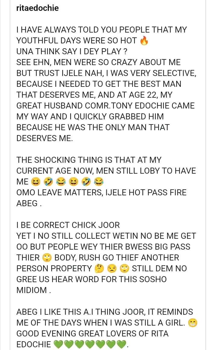 “Men still want me at 59, yet i no collect wetin no be me get” — Rita Edochie brags as she continues to shade Judy Austin