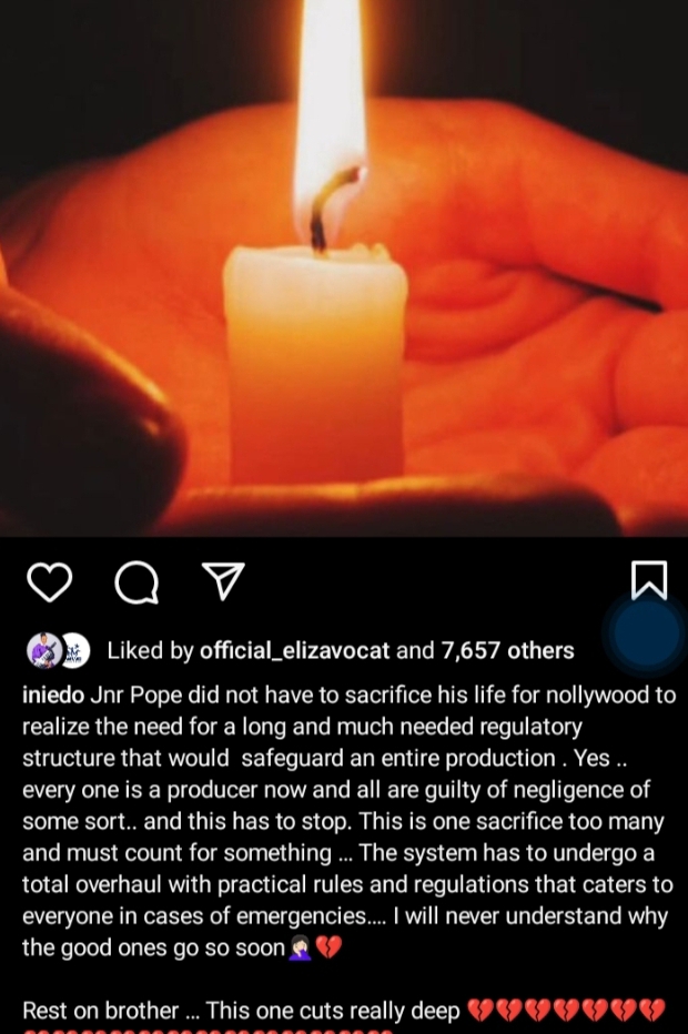 “Junior Pope did not have to sacrifice his life for you to realize this” Ini Edo slams Nollywood structure as she mourns actor