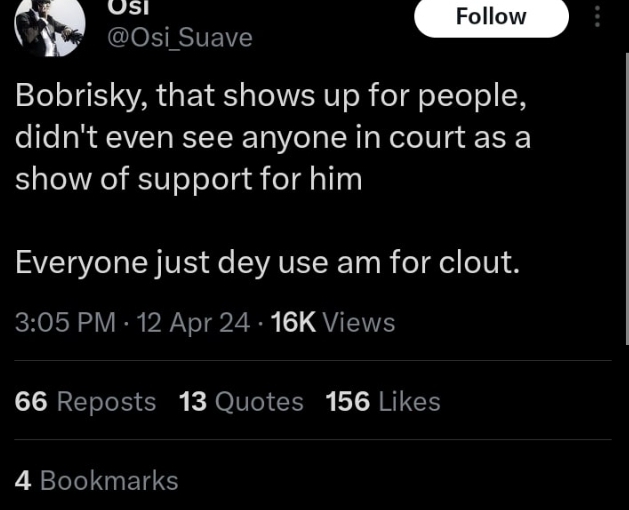 “No one showed up in court for him but he always showed up for them” Media personality Osi Suave slams celebrities over Bobrisky