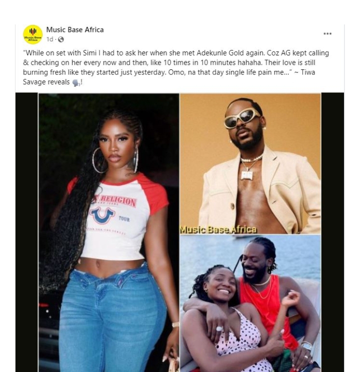 Simi and Adekunle Gold make me regret being single, their love is still burning fresh like they started just yesterday – Tiwa Savage

