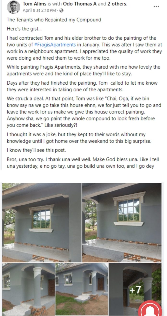 “God will bless you and you will build your own house soon” – Landlord deeply moved as tenants repaint his house; prays for them