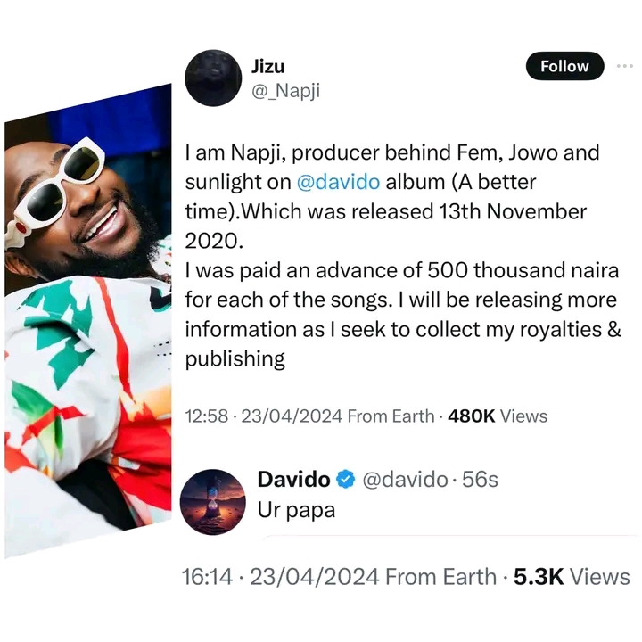 Davido responds after music producer called him out over alleged unpaid royalties