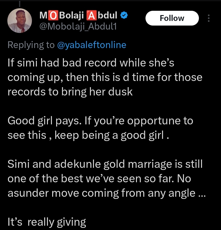 "Your marriage is still one of the best we’ve seen so far" Nigerian man showers praises on Adekunle Gold and Simi