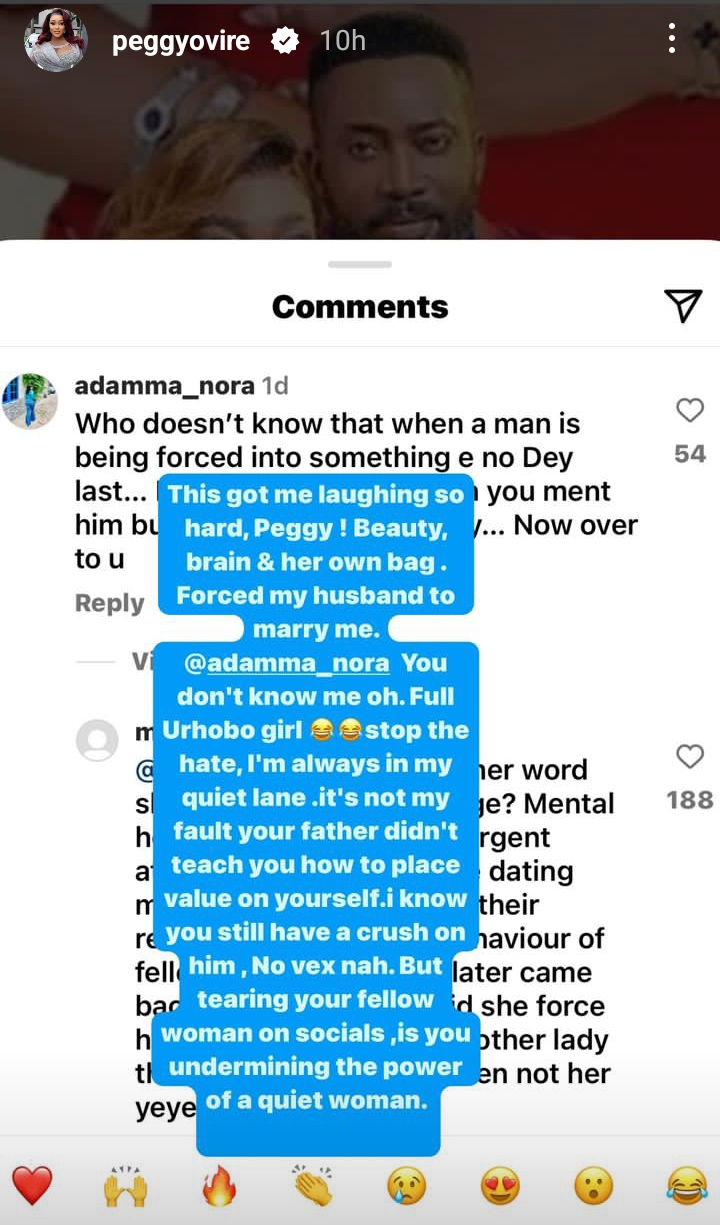 "I know you still have a crush on him” – Actress Peggy Ovire gives epic response to lady who accused her of forcing Frederick Leonard into marriage