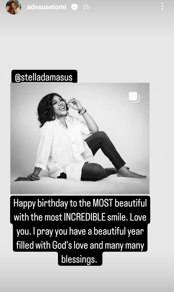"The most beautiful with the most incredible smile" Adesua Etomi pens heartwarming message to Stella Damasus on her