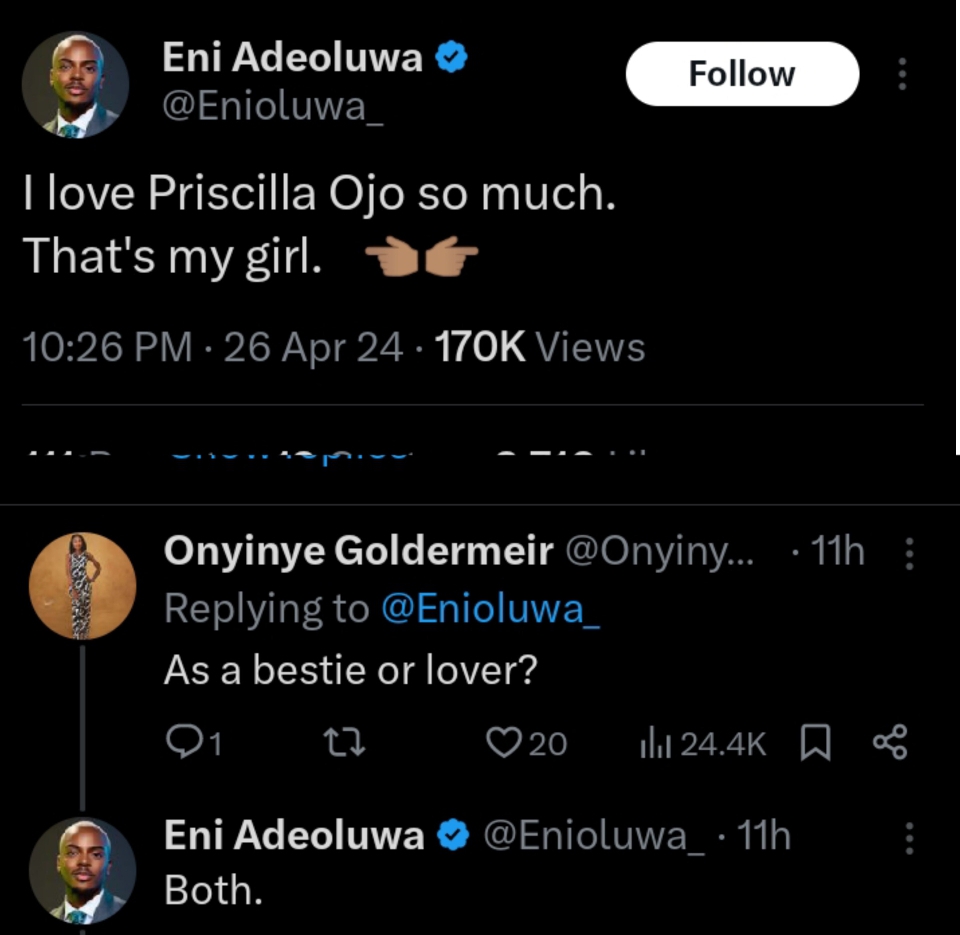 "I love Priscilla Ojo as my best friend and lover" Enioluwa reveals (Details)