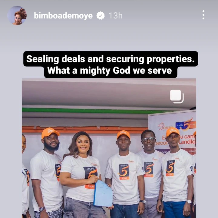 "Sealing deals & securing properties, what a mighty God We Serve"- Bimbo Ademoye shares excitement As she bags new ambassadorial deal