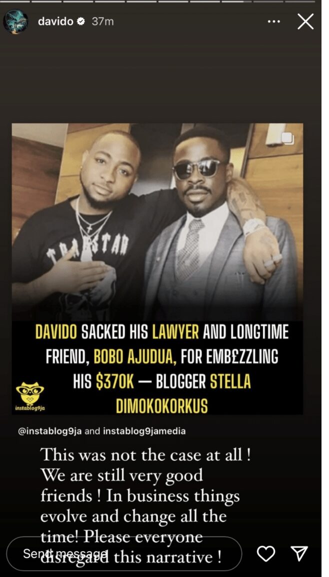 Davido reacts to reports of sacking lawyer for embezzling $370K and seizing of funds