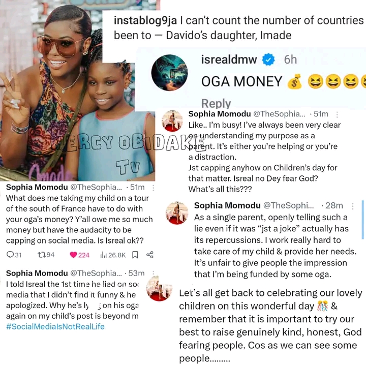 "I work really hard to take care of my child & provide her needs.I am not being funded by your OGA"- Sophia Momodu Slams Israel over recent outburst