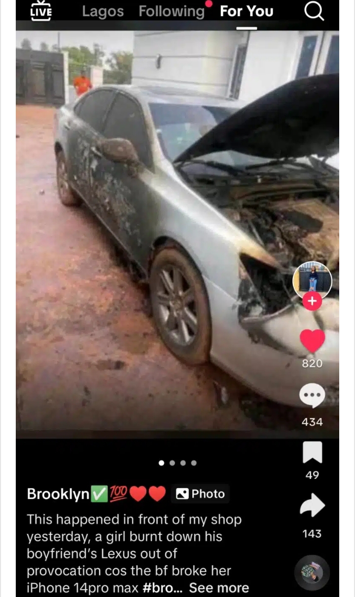 Nigerian woman sets boyfriend's car ablaze after he damages iPhone 14 Pro Max he bought for her