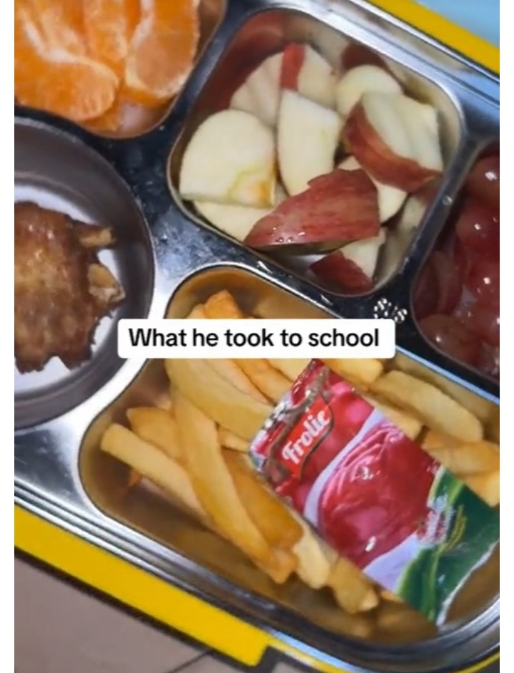 “You’re feeding him and his teachers” – Nigerian mother shocked as 2-year-old son finishes large quantity of food in his lunchbox (VIDEO)