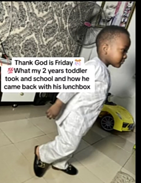 “You’re feeding him and his teachers” – Nigerian mother shocked as 2-year-old son finishes large quantity of food in his lunchbox (VIDEO)