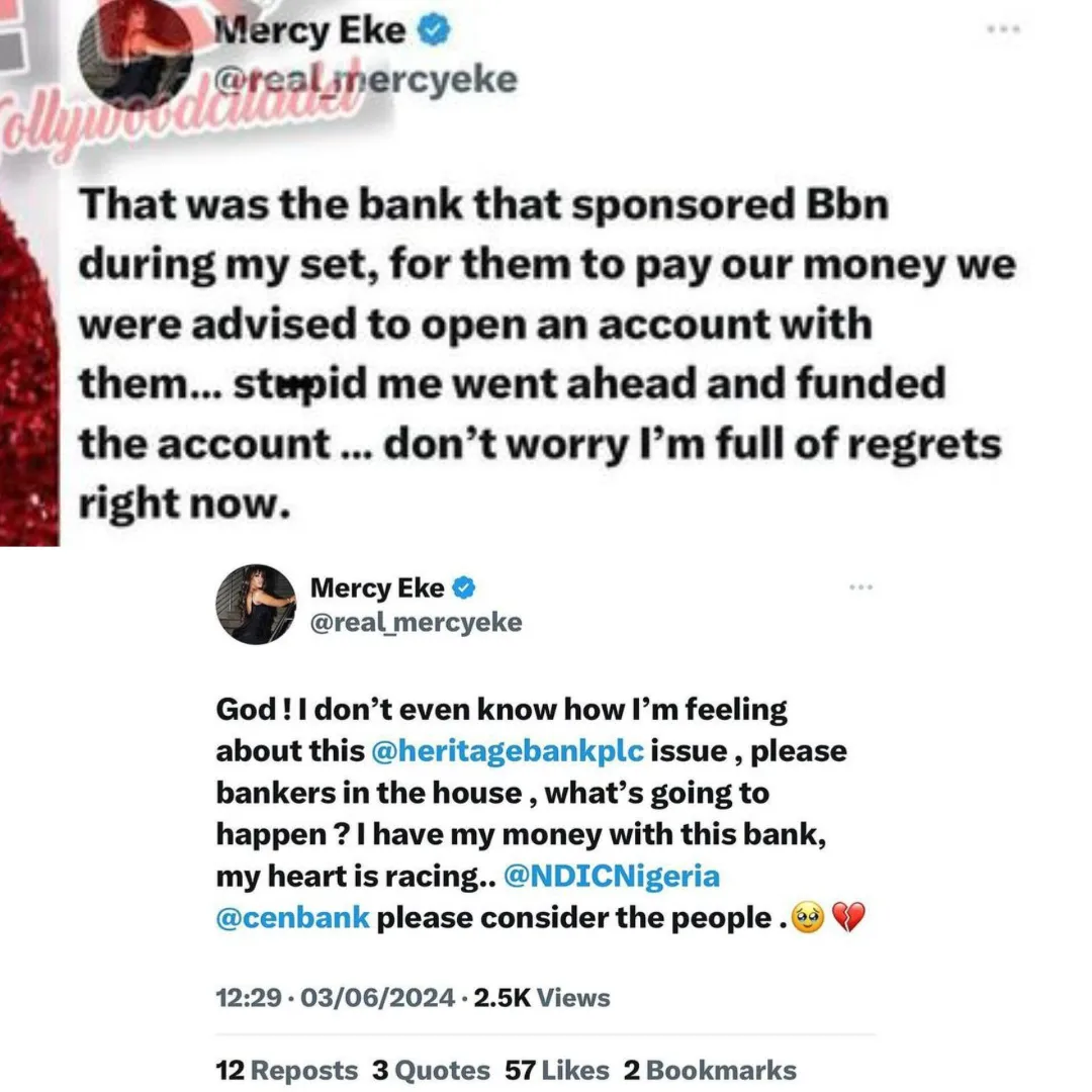 ”I have over 100 Million with them” – Mercy Eke wails as Heritage Bank folds, calls out her account manager for duping her